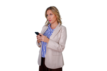 Businesswoman standing, texting message on phone, thinking, planning, or decision making, isolated on transparent background