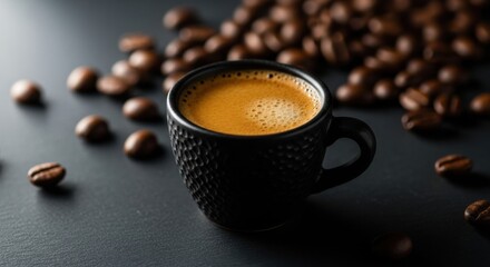 Coffee cup with frothy espresso surrounded by roasted coffee beans on a dark surface
