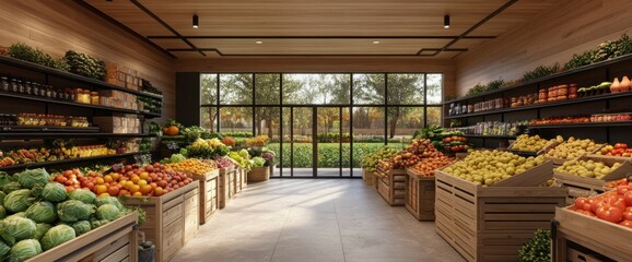 Modern grocery store interior featuring fresh fruits, vegetables, and organic produce displayed in wooden crates with natural light from large windows.