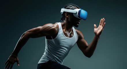 Runner uses virtual reality headset for immersive fitness experience during indoor workout session