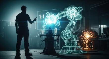 Engineer interacting with holographic robotic arm in futuristic factory setting