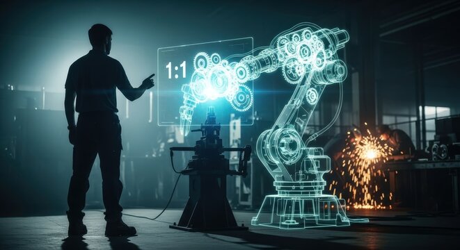 Engineer interacting with holographic robotic arm in futuristic factory setting