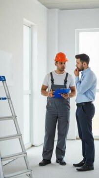 A construction worker and client planning a home renovation. A builder and architect discussing project details on a construction site. Vertical video