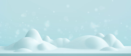 Winter snow background. 3d snowy cartoon landscape. 3d white hill, pile, snowdrift, mountain, flying snow in sky. Vector winter podium for New Year, Christmas scene, animation, product presentation