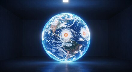 Planet earth glowing with powerful hurricanes swirling across its surface