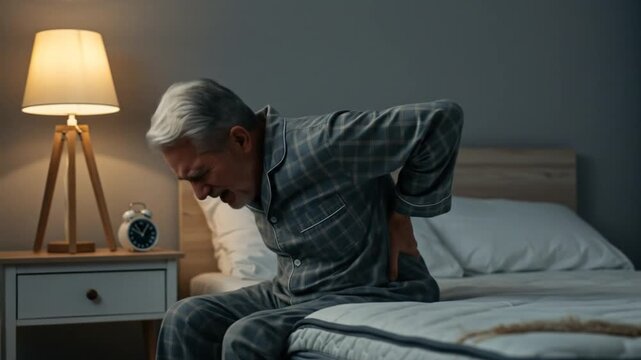 Elderly man in pajamas sitting on bed, experiencing back pain, with a bedside lamp and alarm clock
