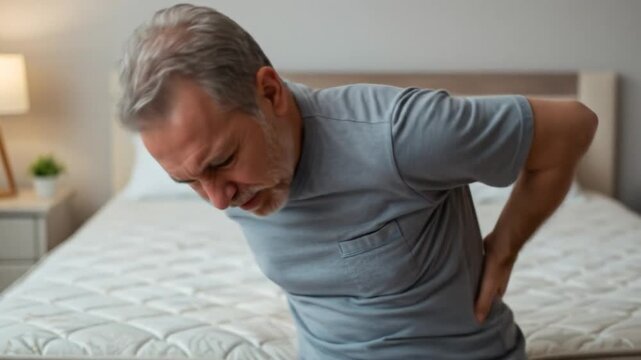 Elderly man experiencing lower back pain while sitting on his bed