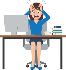 Cartoon stressed office worker overwhelmed at computer desk with sweat, panic expression, workplace pressure, burnout, anxiety, academic overload illustration