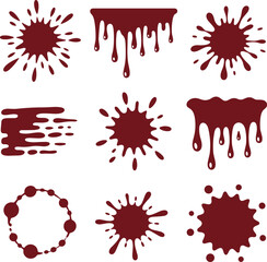 Red splatter vector collection with dripping stains, paint smudges, circular strokes, abstract liquid blot elements for graphic design, creative illustration projects