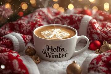 Cozy hot cappuccino on a festive blanket with a snowy holiday atmosphere.