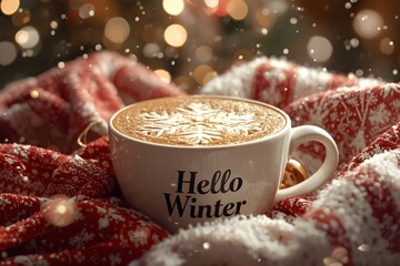 Cozy hot cappuccino on a festive blanket with a snowy holiday atmosphere.