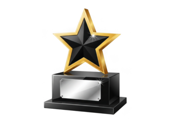 Gold star trophy with black center isolated on transparent background award achievement recognition