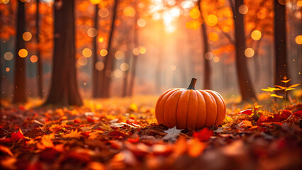 Pumpkin resting on colorful autumn leaves in warm glowing forest with soft golden sunlight
