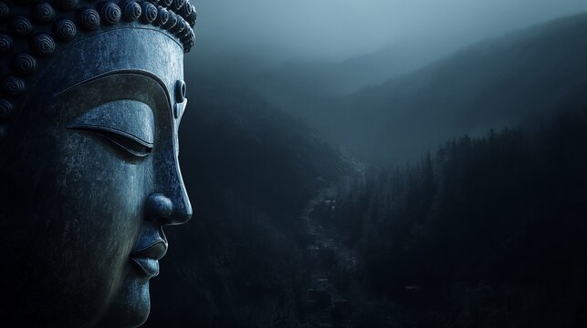 Serene Buddha's head in Tibetan Himalayan, free space for text