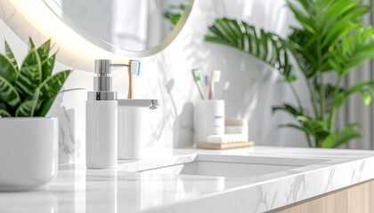Symmetrical bathroom countertop with mirror reflection, neatly arranged toiletries, toothbrushes perfectly aligned, marble sink, minimalist aesthetic