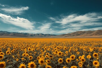 Obraz premium Vast Sunflower Field Under Blue Sky With Fluffy Clouds in Bright Daylight