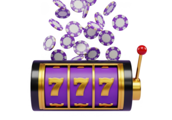 Lucky sevens slot machine with purple chips isolated on transparent background for casino promotions and game design