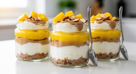 Three layered dessert jars with mango, cream, and cookie crumble, topped with almonds and chocolate drizzle, served with spoons