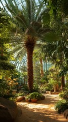 Fototapeta premium Lush Green Palm Tree Surrounded by Dense Foliage in a Tranquil Indoor Garden