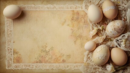 Vintage Easter background with hand-painted eggs, delicate lace, and postcard style on warm beige tones. Perfect for cards, banners, posters, and social media with text space.