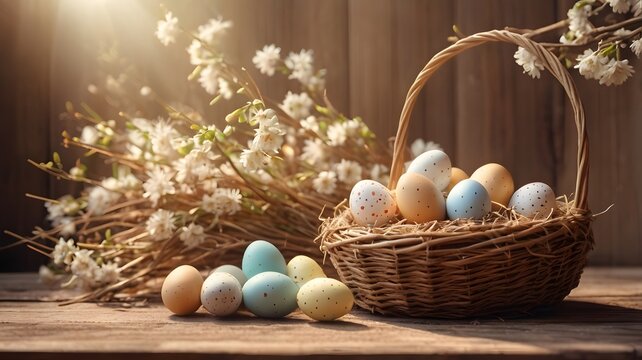 Rustic Easter composition with basket of eggs, straw, and blooming branches on wooden plank background. Left side empty for text. Perfect for cards, banners, posters, and social media.
