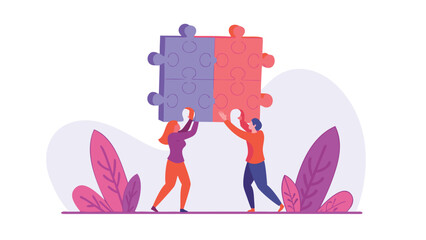 Stylized illustration of two diverse people working together to lift a large object symbolizing teamwork collaboration and shared effort in a modern graphic design