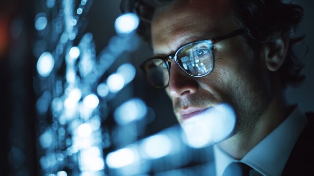 Businessman Wearing Glasses Analyzing Data in Modern Office with Blue Lighting