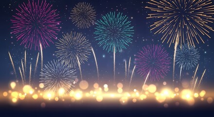 Colorful fireworks explode against a starry night sky with bokeh