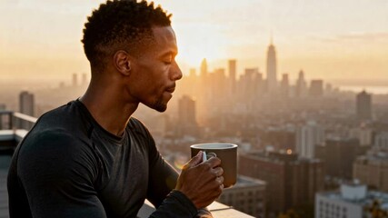 A Black man drinks coffee on a rooftop overlooking the New York City skyline at sunrise. Pensive man contemplating the future. Urban lifestyle and success concept