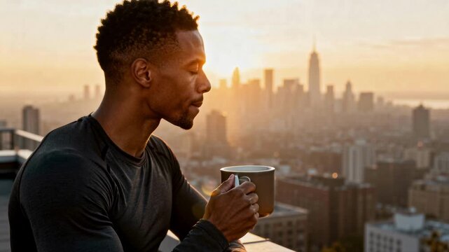 A Black man drinks coffee on a rooftop overlooking the New York City skyline at sunrise. Pensive man contemplating the future. Urban lifestyle and success concept