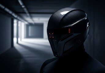 Fototapeta premium Futuristic warrior wearing high-tech helmet, ready for the unknown, perfect for gaming, science fiction, or cutting-edge technology concepts