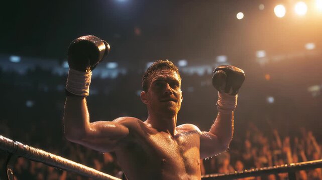 Victorious boxing moment, Boxer celebrates with glowing pride