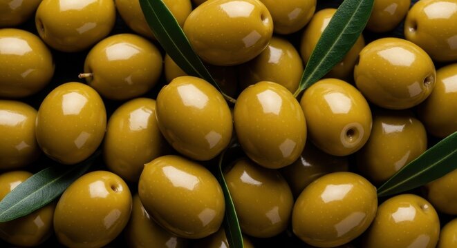 Green olives with leaves arranged neatly on a surface, highlighting their glossy texture and natural colors