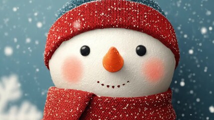 A close-up of a smiling snowman with a carrot nose wearing a red and blue knitted hat and a red scarf during a snowfall - Powered by Adobe