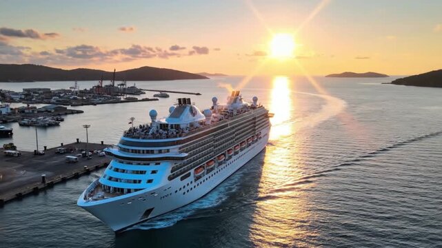 Cruise ship departing harbor at sunset