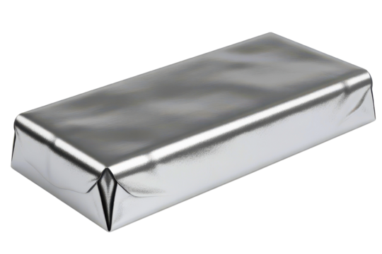 A wrapped rectangular object with shiny silver foil on a dark surface