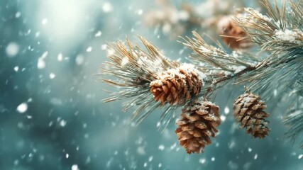 A close-up of a snow-dusted pine branch with several brown pinecones as snowflakes fall against a blurred cool-toned background - Powered by Adobe