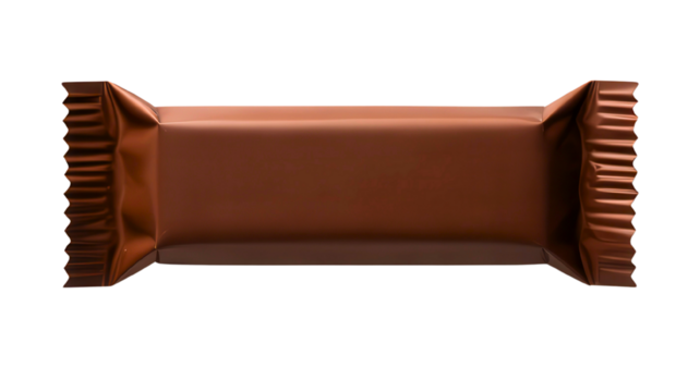 A close up of a brown wrapped candy bar on a black background studio