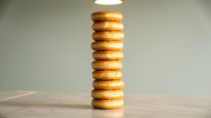 A tower of delicious golden glazed donuts stacked high representing sweetness and indulgence food and bakery concept