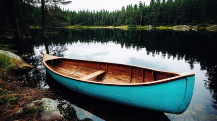 Calm Lake Reflections with a Vintage Canoe and Lush Green Forest