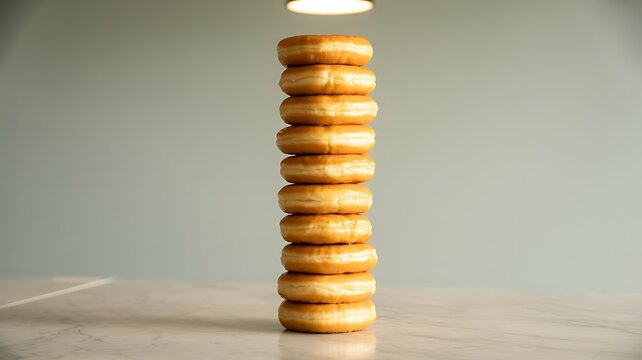 A tower of delicious golden glazed donuts stacked high representing sweetness and indulgence food and bakery concept