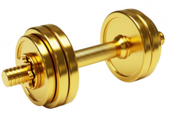 Golden dumbbell isolated on transparent background for fitness and weightlifting inspiration