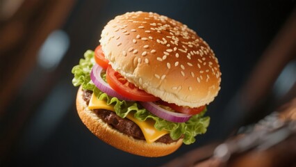 Classic cheeseburger floating in air with beef patty cheese lettuce tomato and onion