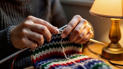 woman knitting a colorful striped wool scarf by the warm light of a table lamp.