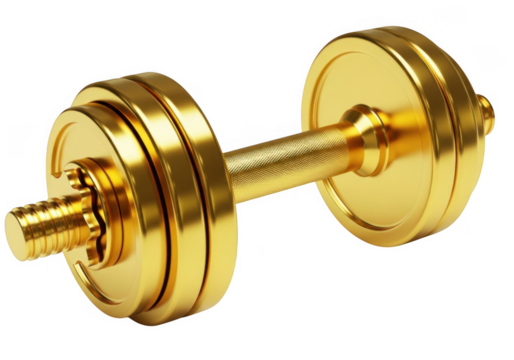 Golden dumbbell isolated on transparent background for fitness and weightlifting inspiration