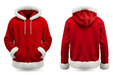 front and back views of two hoodies made with a red and white Santa Claus coat pattern.
