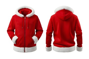 front and back views of two hoodies made with a red and white Santa Claus coat pattern.