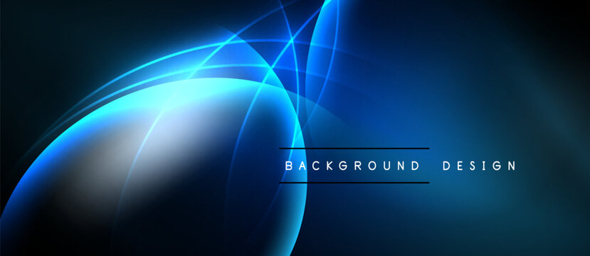 Abstract blue neon lines create dynamic flow. Dark background emphasizes bright curves, gradients, modern design elements.