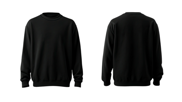 Blank black crewneck sweatshirt, front and back views, on black bg