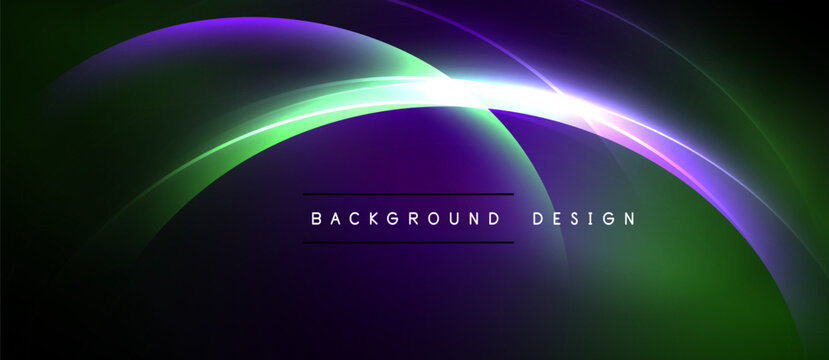 Abstract flowing lines create vibrant purple, green glow. Dark background emphasizes luminous curves, modern design element.